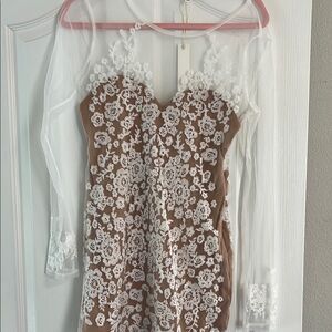 Elegant Brown and White Lace Dress